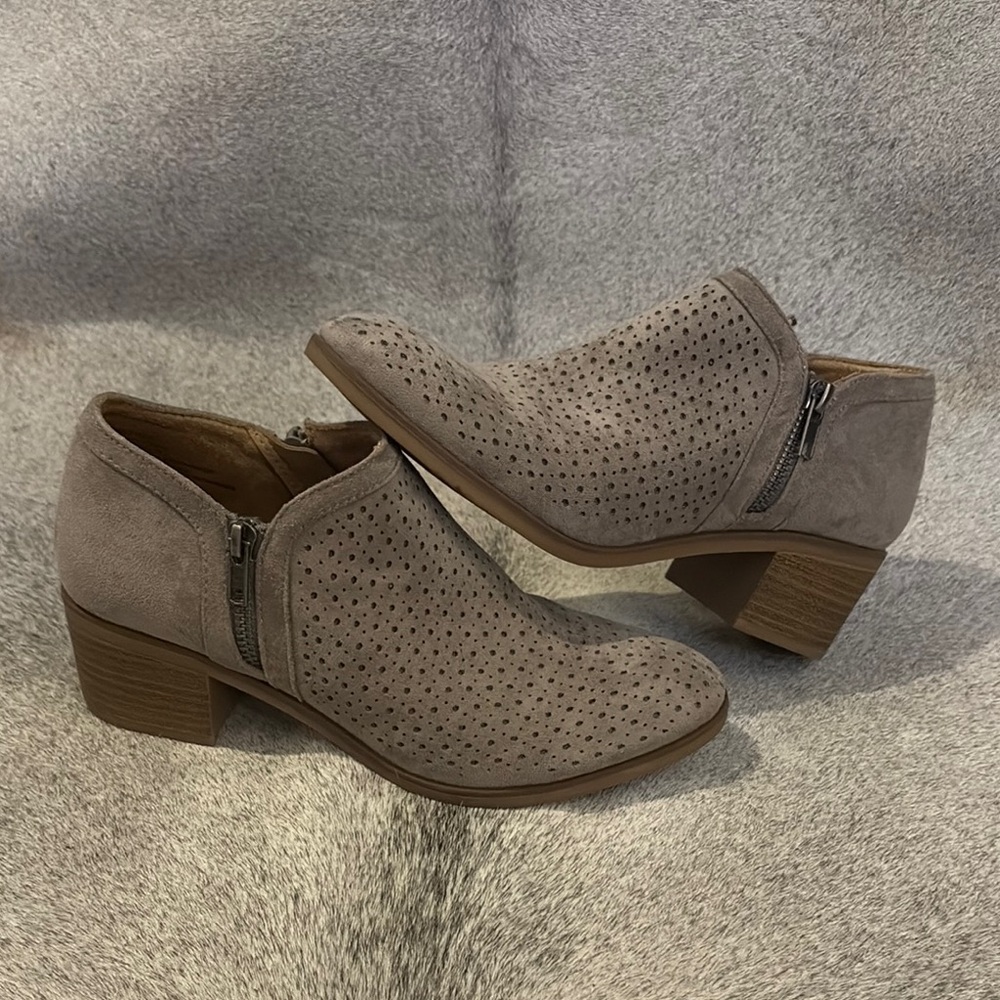 Gray Ankle Booties with Stacked Heel and V-Cut Design